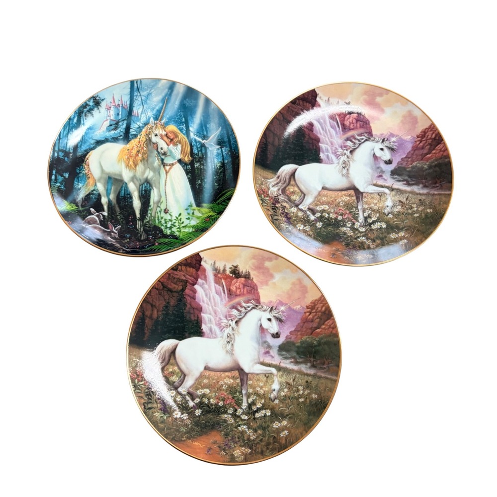 Vintage Ruth Sanderson Unicorn Collector Plate Set of 3 Fantasy Decor Gold Rim